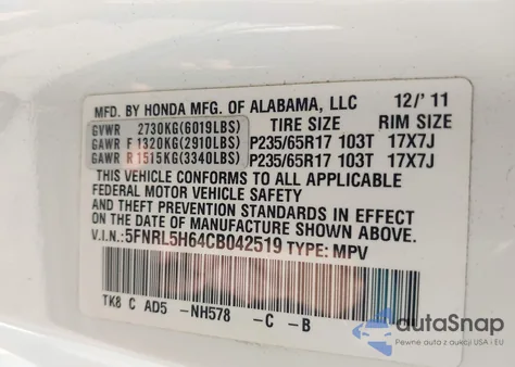 2012 Honda Odyssey Ex-L z USA, uszkodzony, nr VIN 5FNRL5H64CB042519